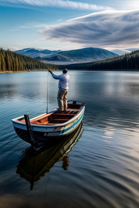 masterpiece, best quality, ultra-detailed, realistic, 8k, RAW photo, distant-view, (fisherman fishing on small boat in the middle of the lake, small fish were flying on the water around the fisherman:1.37), award winning realistic photography, morning, a bit cloudy, scenery photography, perfect shadow, perfect natural lighting, rich colors, perfect composition, perfect colors, flawless complexion photo, perfect intricate detailed, lakes, surreal, lifelike, real life scenery photo, top quality, trending on artstation, meadows, glitter, prettiest landscape, all kinds of flowers, fantastic, stunning, outstanding, breathtaking beautiful nature photo, out-of-this-world scenery, perfect reflection on water, depth of field,