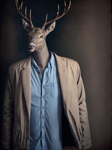 <lora:AnimalClothes:1>a deer wearing a jacket and a blue shirt