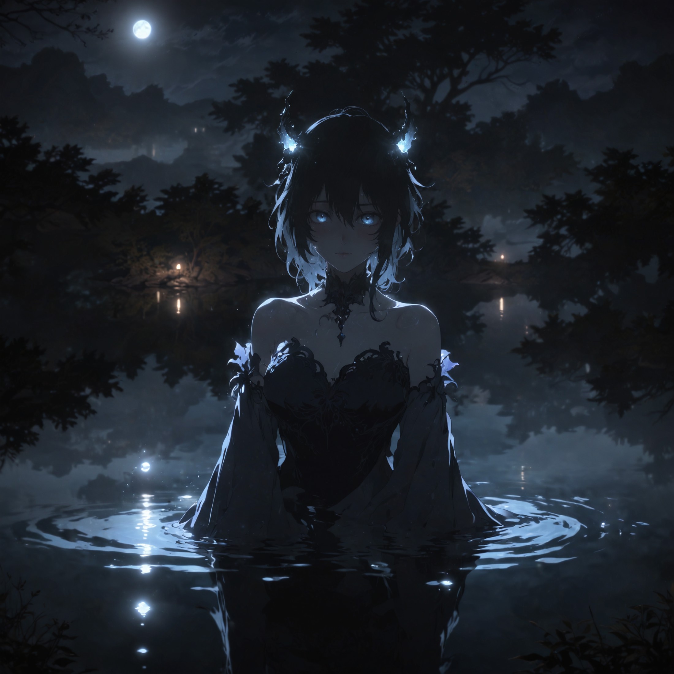 night time, glowing anomaly, elegant, lake, reflection, anime style, demon under the water