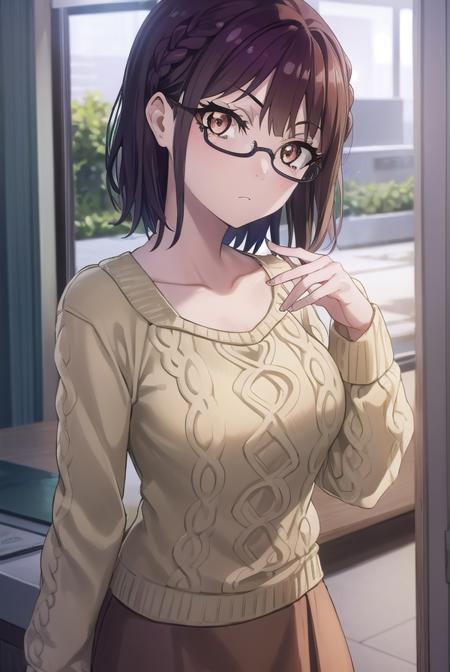 sumikafujimiya, <lora:sumika fujimiya s1-lora-nochekaiser:1>,
sumika fujimiya, (brown eyes:1.5), purple hair, braid, glasses, semi-rimless eyewear, under-rim eyewear,
BREAK sweater, long sleeves, collarbone, skirt, purple skirt,
BREAK indoors,
BREAK looking at viewer, (cowboy shot:1.5),
BREAK <lyco:GoodHands-beta2:1>, (masterpiece:1.2), best quality, high resolution, unity 8k wallpaper, (illustration:0.8), (beautiful detailed eyes:1.6), extremely detailed face, perfect lighting, extremely detailed CG, (perfect hands, perfect anatomy),