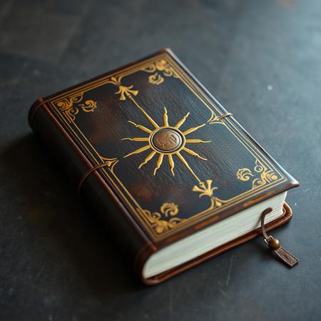 Brown medieval book with gold, grey background, cover, sun emblem, laying on a table, leather strap bind