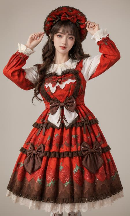 (Best Quality, Masterpiece:1.4), (Realism:1.2), (Realisitc:1.2), (Absurdres:1.2), (photorealistic:1.3), Realistic Skin,Solo,( Very Big Eyes,beautiful detailed eyes, symmetric eyes,), ((cowboy shot)),1girl,solo,
smile,standing,full body,arm up,cyb dress,layered dress,print dress,frilled dress,strawberry print,dress bow,bow,white shirt,long sleeves,hair bow,hat,kneehighs,red shoes,grey simple background,<lora:lo_dress_vol3_style3_v1:0.6>,
<lora:add_detail:0.3>, standing,