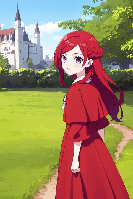 masterpiece, best quality, pryde, 1girl, solo, purple eyes, red hair, long hair, braid, dress, red dress, ribbon, outdoors, castle, scenic,