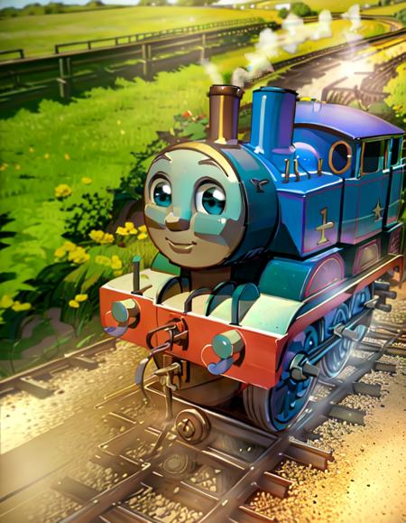 1train, <lora:Thomas the Tank:0.7>,Thomas The Tank, Thomas The Train,train tracks,grass background,high quality,highly detailed,smoke,cgi,realistic,3d,sun,godrays,(sketch)