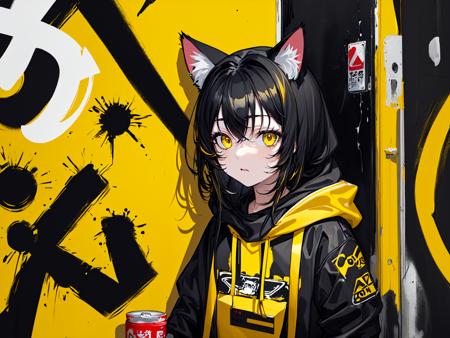 (best quality, masterpiece), (1girl, solo, cat ear black hood, standing, yellow eyes, black hair, leaning, upper body), (less light, black yellow room, Yellow graffiti behind, disorderly spray cans),