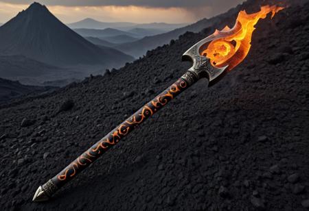 (fantasy_battle_axe:1.7), (glowing_runes:1.6) on (obsidian_blade:1.5), (crackling_energy:1.4), (bone_handle:1.3) wrapped in (demon_skin:1.2), (skull_pommel:1.4), (lava_cracks:1.5) on the blade, (volcanic_background:1.6), ultra_detailed_textures, cinematic_volumetric_lighting, 8k, by Raymond Swanland