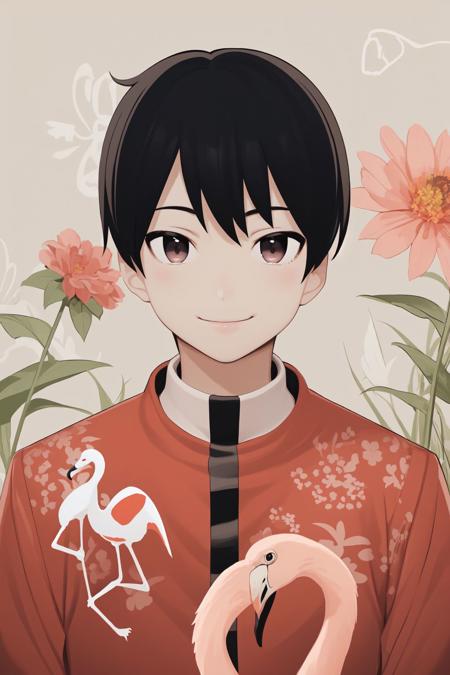 portrait, solo, 1boy, looking to the side, smile, day, Flamingo_Flower \(flower\), floral background <lora:haruno_shuu_style_v01:1>