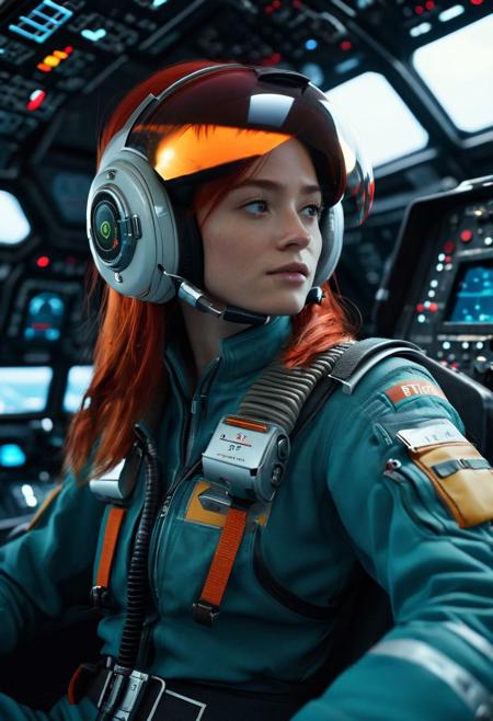concept art, cinema, young female, futuristic, fighter pilot, cinematic, movie still, hyperdetailed photography, saturn, HUD, far future, electronics, bright colors, long red hair, visor,(((sitting in cockpit))), realistic, photo