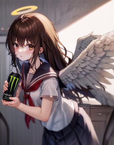 1girl, angel wings, brown eyes, brown hair, haibane renmei, halo, rakka, sailor collar, school uniform,  <lora:my_LoRA_rakka_v2:0.5> ,  holding monster energy,  monster energy, focus monster energy,  <lora:my_LoRA_monsterEenergy_v2:0.5>