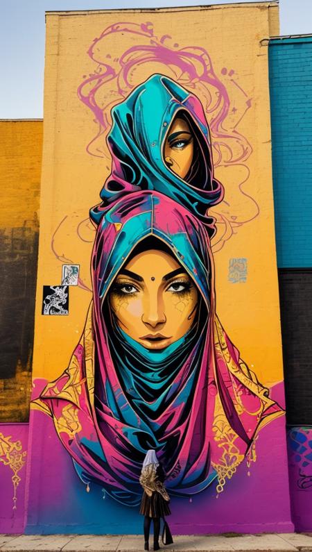 Graffiti style woman,cloaked, yearning to explore. Gradient mastery, ink, gold leaf, and alcohol ink elements. Cinematic realism, luminism, and pollution-choked industrial landscape . Street art, vibrant, urban, detailed, tag, mural
