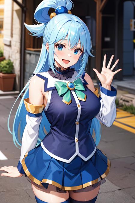 masterpiece, best quality, highres, aaaqua, long hair, blue hair, hair rings, hair ornament, choker, bare shoulders, green bow, blue shirt, detached sleeves, blue skirt, thighhighs, <lora:aqua_(konosuba)_v1:0.7>, smile, open mouth, standing, waving, town,