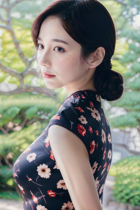 (1girl:1.3), (best quality, masterpiece, ultra high resolution),(photorealistic:1.3), (realistic:1.3), depth of field, (outdoors:1.2), (day:1.2), (cinematic lighting:1.2), near, facing to camera, cheongsam  <lora:QpBlackFlower:0.8>