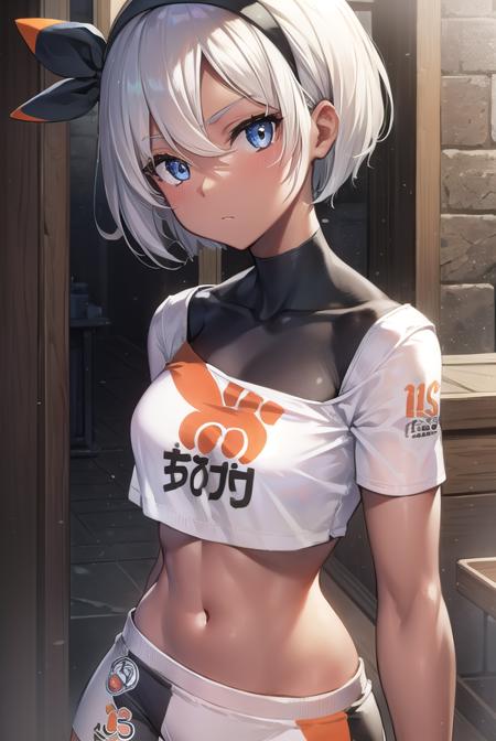 pokemonbea, blue eyes, dark skin, dark-skinned female, grey hair, hair between eyes, short hair, ribbon, hair ribbon, hairband, black ribbon, black hairband, bodysuit, covered navel, shorts, single glove, glove, crop top, white shirt, short sleeves, collar, white shorts,