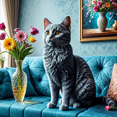 cat made of tearStyle2, indoor, beautiful background, vase, flower, couch, wall decoration, best quality, detailed image, 4k, 8k