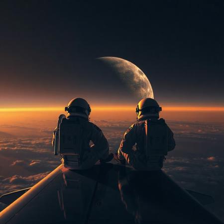 detailed, 4K image of astronauts sitting on airplane wing facing toward an atmospheric sky containing silhouette of another planet along with moon. the image is moody detailed, atmospheric and highly detailed