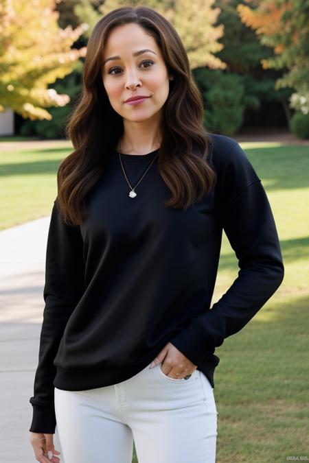 full body shot of autumnreeserlora wearing a black sweatshirt and white jeans, looking at viewer, masterpiece, outdoor <lora:autumnreeserlora:1>