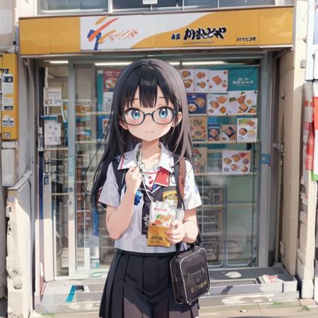 best quality, ultra-detailed, illustration,
1girl, glasses, black hair, long hair, school uniform, school bag, blush, looking at viewer,
kamadoya, storefront, scenery, poster (object), shop, food, tiles, tile floor, outdoors, sign,
<lora:kamadoya_SD15_V1:0.8>