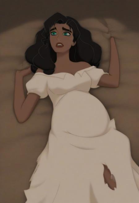 score_9, score_8_up, score_7_up, score_6_up, score_5_up, score_4_up, BREAK, <lora:Esmeralda:.8>, 1girl, Esmeralda, dark skin, green eyes, black hair,  white dress tattered white short sleeves long  dress  maxi, sleeves, and hem, chemise tears and burn marks is slightly torn, there is a hole in the right sleeve, and the hem and left knee area are frayed shredded away  brown rope belt, adding a rustic, pregnant  giving birth to zephyr laying on straw bed crying