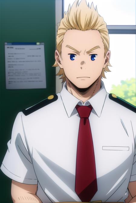 mirio, <lora:mirio-lora-nochekaiser:1>,
mirio, short hair, blonde hair, spiked hair,
BREAK shirt, school uniform, white shirt, necktie, collared shirt, belt, pants, red necktie, green pants, u.a. school uniform,
BREAK looking at viewer, upper body,
BREAK indoors, classroom,
BREAK <lyco:GoodHands-beta2:1>, (masterpiece:1.2), best quality, high resolution, unity 8k wallpaper, (illustration:0.8), (beautiful detailed eyes:1.6), extremely detailed face, perfect lighting, extremely detailed CG, (perfect hands, perfect anatomy),