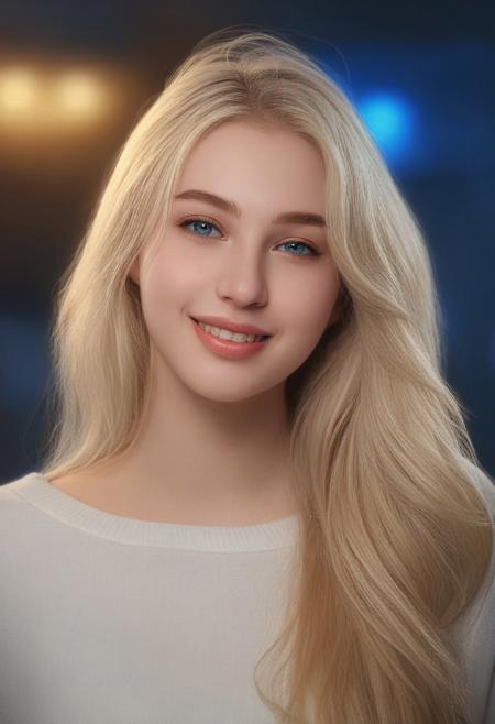1girl, 18 years old,  tone, and fit, voluptuous ,white, blonde hair cascading in long locks ,blue eyes, warm smile gracing her lips, looking at viewer , solo, ultra clear, vivid lights, highly detailed, digital painting