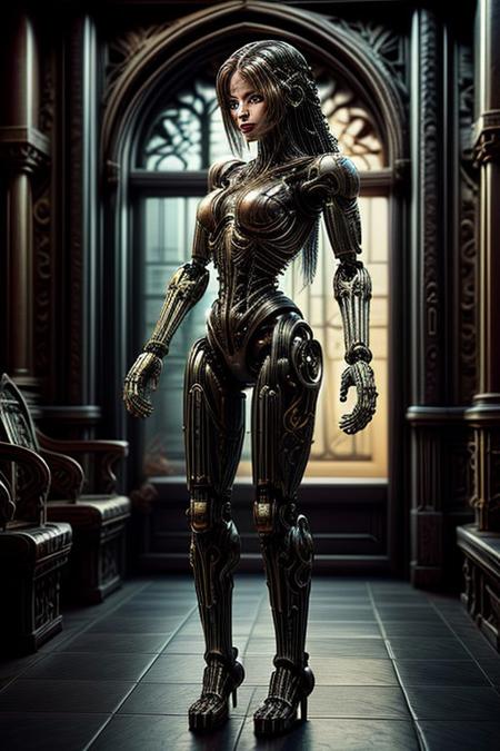 A humanoid AI represented in Art Nouveau style, with intricate, flowing lines and decorative patterns. She has a serene expression, her hair a cascade of metallic threads intertwined with floral motifs. Her body is partly robotic, with gold and pearl accents, seamlessly blending with organic forms. The background is a stained-glass-style design, featuring celestial and floral imagery. Art style: detailed, ornamental, and vintage-inspired."