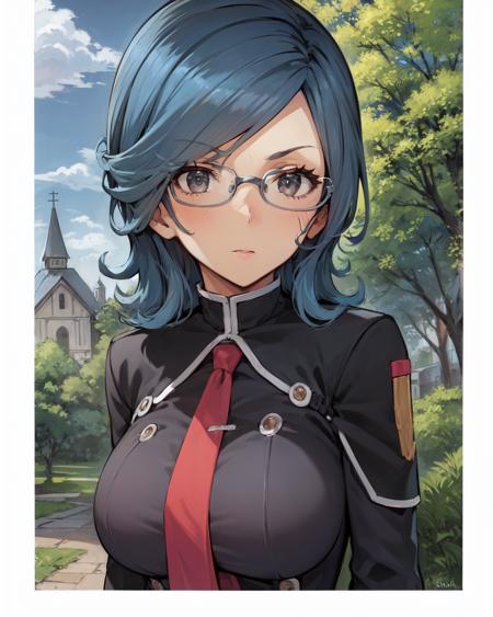 best quality, (masterpiece:1.2), illustration, absurdres,  
(1girl), (solo), (beautiful detailed girl), (upper body, portrait),
<lora:SonyaV2-000009:1>, Sonya Baelz, blue hair, medium hair, grey eyes, large breasts, half-frame glasses, gray glasses,
uniform, grey suit,, black skirt, pencil skirt, black pantyhose, grey high heels, red necktie,
looking at viewer, serious,
church garden, outside church, stained glass, flowers, bush, plants, trees, sky, clouds, day, fruits, berries