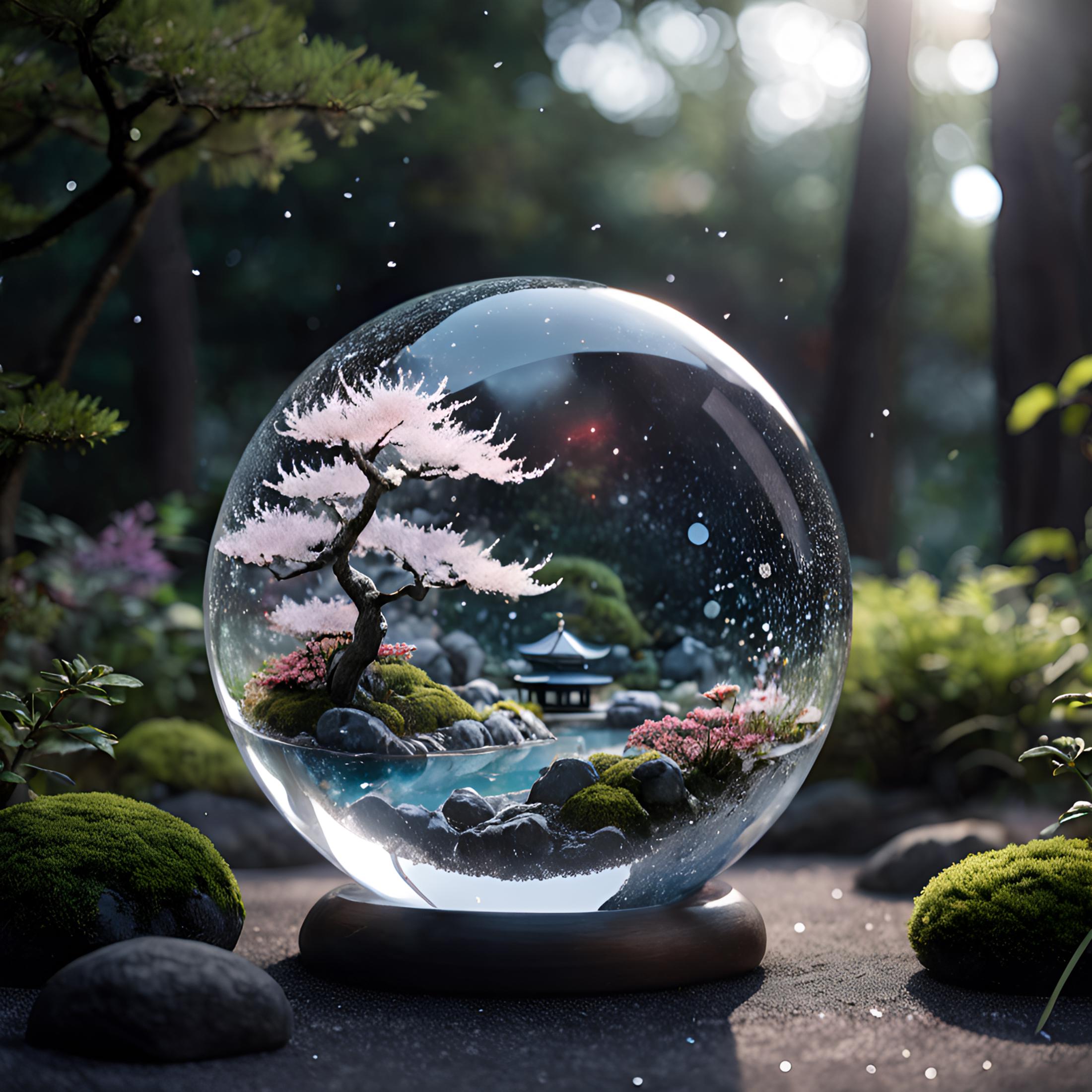 A clear glass globe with a miniature garden inside.