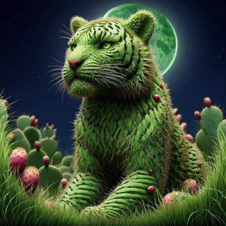 score_9, score_8_up, score_7_up, score_6_up, score_5_up, score_4_up score_9,score_8_up, a green Tiger made of Prickly Pear on a Grass Plains by Prickly Pear Crescent Moon