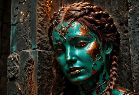 masterpiece, best quality, ultra detailed, close-up portrait, dark fantasy aesthetic, Patina Metal Skin race. The face of La Santa di Ferro, a divine figure of an ancient metallic race. Her skin is a deep oxidized iron red, flecked with dark rust-orange patina that forms intricate, natural filigree patterns across her cheeks and brow, like holy markings etched by time itself. Her eyes glow faintly gold, as if smelted from molten metal, serene yet powerful. Small fissures and delicate cracks run across her face, subtly filled with veins of verdigris green, resembling the natural healing of metal. Her hair is tightly braided steel wires, shimmering under dim light, falling like delicate chains. The background is shadowed stone and faint candlelight, emphasizing her sanctity in a forgotten temple. Mood: sacred, awe-inspiring, an ancient relic made flesh.