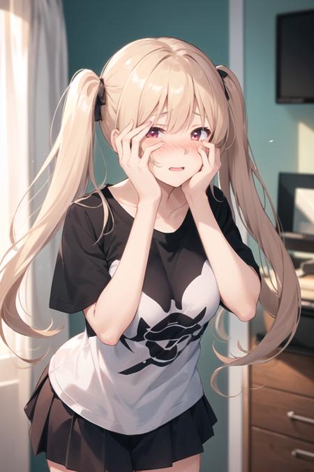 1girl, casual clothes, t-shirt, skirt, twintails, long hair, short sleeves, standing, embarrassed, (full face blush:1.2), covering face, hands on own face, room, side view