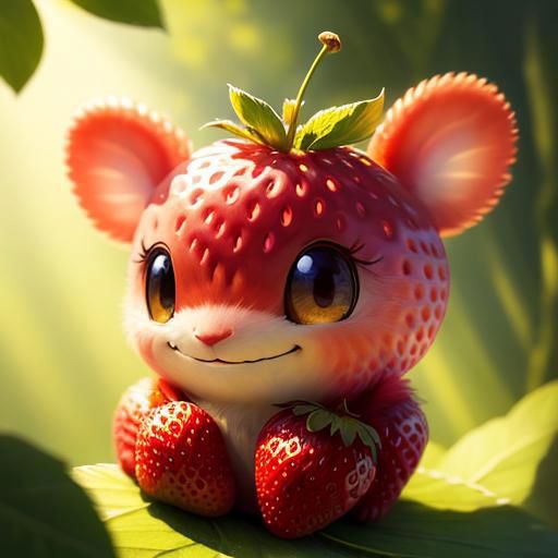 ((masterpiece:1.3,concept art,best quality)),very cute appealing anthropomorphic strawberry squirrl,  looking at the viewe...