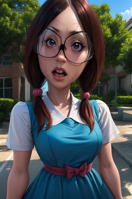 gretchen,black eyes,large glasses,low twintails,buck teeth,
blue dress,short sleeves,
standing,upper body,
school yard,outdoors,
(insanely detailed, beautiful detailed face, masterpiece, best quality),solo,<lora:gretchen:0.8>,