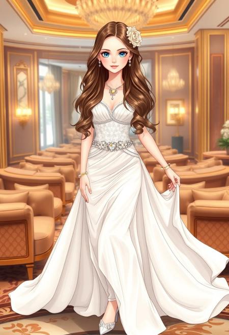 A full-body fashion drawing of a 20-year-old girl with long hair styled in an elegant wedding hairstyle. She has vivid blue eyes and wears a luxurious white wedding dress with flowing fabric and intricate detailing. Her look is completed with sparkling jewelry and elegant white high-heeled bridal shoes. An eye-catching element, such as a shimmering silver belt or a delicate floral accessory in her hair, adds a stylish focal point. The scene is set in the lavish interior of an expensive hotel lounge, with plush furniture, golden accents, and soft ambient lighting that enhances the elegance of the composition. The illustration captures the sophistication and glamour of high-end bridal fashion in an upscale setting.