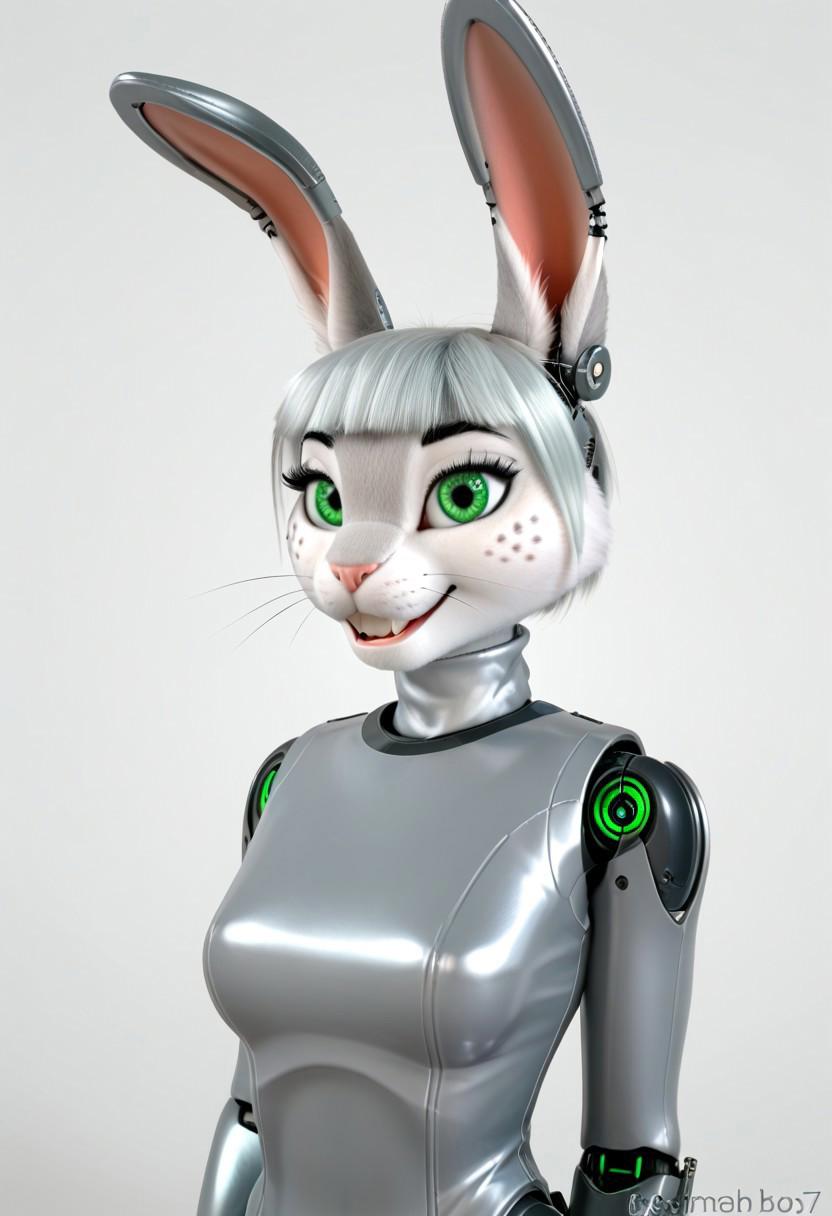 A 35mm photo of a beautiful robotic woman, she has a robotic  anthropomorphic robotic rabbit head, robot, rabbit nose, rabbit teeth, green rabbit eyes, freckles, grey rabbit fur, cat fur, grey rabbit ears, silver hair, silver mesh bodysuit, robotic joints