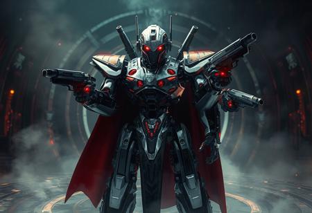 The Ultimate Timelord robot, a formidable pose predominantly in black, silver, and red, stands ready for action in a magician's circle against a detailed background. Equipped with guns, the robot's intricate details and sharp lines add to its lifelike appearance. The dynamic action pose and captivating lighting enhance the cinematic feel of the 4K image. The relative positions of the robot suggest unity, while vivid emotions and a powerful message are conveyed through the detailed eyes of the Timelord. This artwork, trending on ArtstationHQ, showcases exceptional quality, stunning colors, and harmonious composition, masterfully created with a grammer effect style and splash ink illustration using Octane Render and Unreal Engine 5.