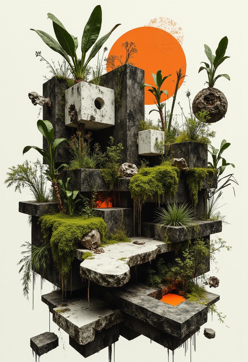 A surreal scene where various plants and greenery are growing on large, weathered blocks. These blocks are arranged in a seemingly floating, tiered structure, defying gravity. The plants include large-leafed tropical species, grasses, and mosses, creating a striking contrast against the rough, industrial shapes of the rocks. An orange circle is positioned in the background, adding a splash of color to the otherwise green and gray palette. 