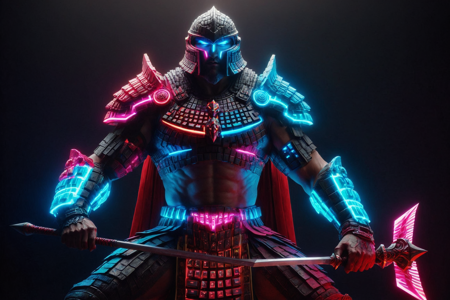 a god, Ares, god of war, made out of RGB Keyboards, with a bloody spear, wearing battle armor and a red cape, battling with a spear with RGB lights and blood on armor, solo, neon Egyptian sun temple with glowing obelisks with RGB lights, neon sun, detailed background, sitting with a digital aura, glowing with RGB lights, resting calmly, serene, with soft RGB lights, character focus, close-up shot, best quality, vibrant colors, photorealistic style, high detail, high-definition, hyper-realistic, extremely high-resolution details, fine texture, incredibly lifelike, realistic, not cartoon, not drawing, highres, 4K resolution, source photo, realistic photo, masterpiece, best quality, amazing quality, very aesthetic, ultra-detailed, detailed textures, natural lighting, soft lighting, electric neon colors, bright pinks, purples, cyans, digital flash, bright and intense, wide shot, <lora:RGB_Keyboard_themed-000008:1>