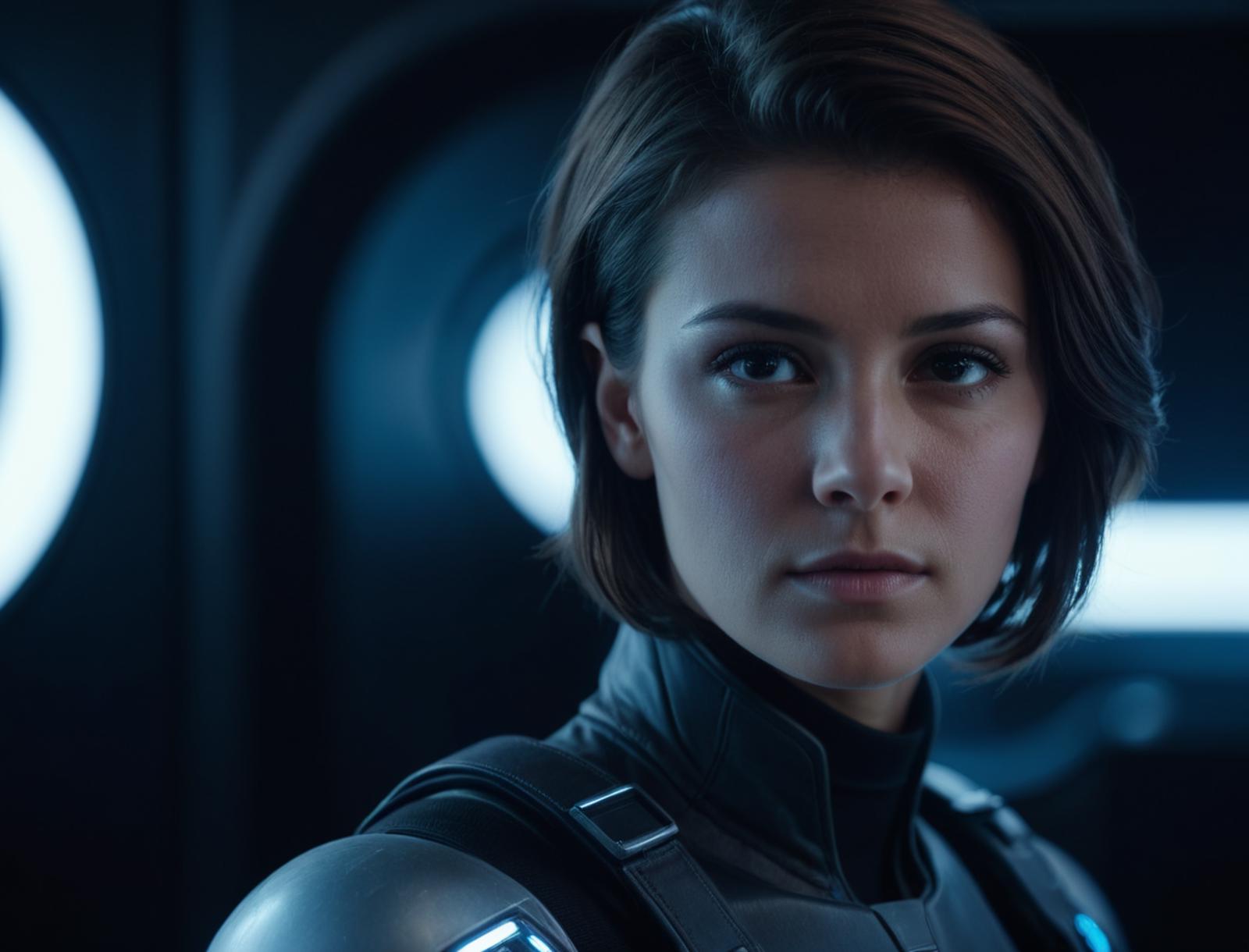 (extreme closeup shot 3/4 view:1.1) cinematic still, young female in a cockpit of a (high-tech sci-fi futuristic:1.1) spac...