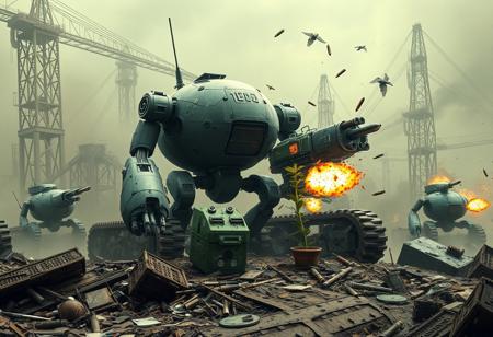 apocalyptic WORL, FULL OF TRASH, MECHANICAL PARTS EVERYWERE, GIANT CRANES BACKGROUND, SMOG, 1 ROBOTS, A BIG MUSCLE ROUNDED TANK ROBOT WITH LONG ARMS MILITARY BADGES AND SHORT LEGS DAMAGED WITH BULLET HOLES PROTECTING A LITTLE PLANT, BULLET FLYING AND HITTING THE ROBOT, EXPLOSIONS
