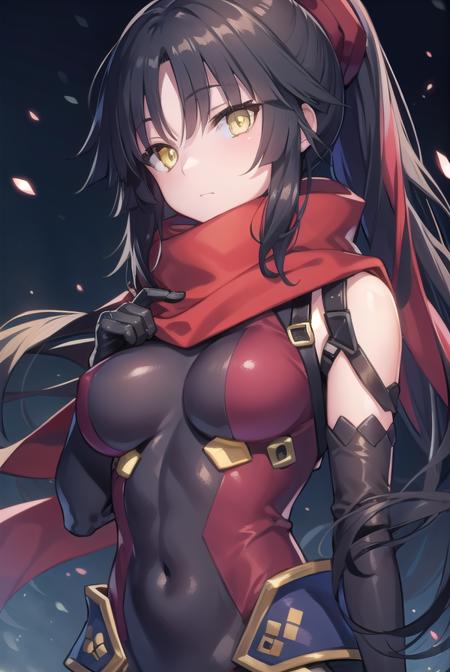 danzou katou, android, black hair, long hair, ponytail, (yellow eyes:1.5) bodysuit, covered navel, elbow gloves, gloves, scarf,