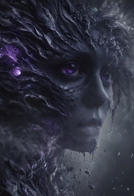 Completely black screen, absolutely nothing, pure black, detailed, but the old goddess with glowing darkviolet eyes are rising, FastNegativeV2, ral-dissolve
