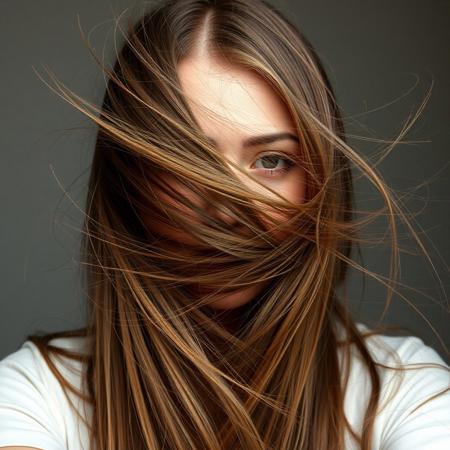 Extreme hair play in front of her face, absurdly long hair