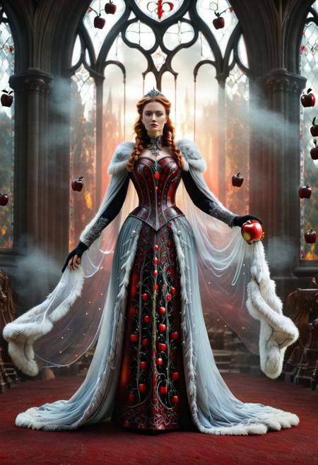 murano_glass_style, Realism_Quality_2xx_By_Stable_Yogi, (cathedral:2), indoors, standing, 1woman, solo, long hair, black choker, eyeliner, gorgeous lips, covered breasts, cinematic, best quality, ultra-detailed, very aesthetic, (natural eyes:1.4), freckles, aloof, (masterpiece:1.1), small waist, fitness body, wide hips, 32 years old, golden blond hair, censored, (big stained glass windows:1.4), (Victorian dress:2), high end closure, Evil Queen, cinemascope, moody, epic, gorgeous, film grain, (holding glowing red apple:2.4), (red ground fog:2), natural hands, red elbow gloves, knee boots, dramatic , sunset, (red sky:1.6), window, ritual magic, freyja, auburn hair, braided hair, magic, forest, Viking queen, mythic beauty, feathered cloak, fur, armor, robe, braid, rune jewelry, photorealistic, cinematic, flowers, jewelry, photorealism, cinematic lighting, high fantasy, mythic portraiture, soft background, northern folklore aesthetic, (fully dressed:2), trained,