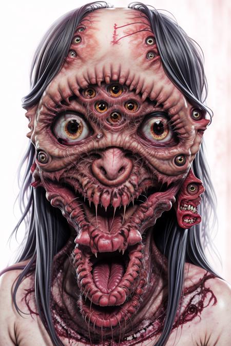 reelhorror, 1girl, mutation, extra eyes, extra mouth, dismemberment, flesh, drooling, looking at viewer, blood, injury, realistic, pov scene, pov, indoors, messy, woruh <lora:reelhorror141:1>