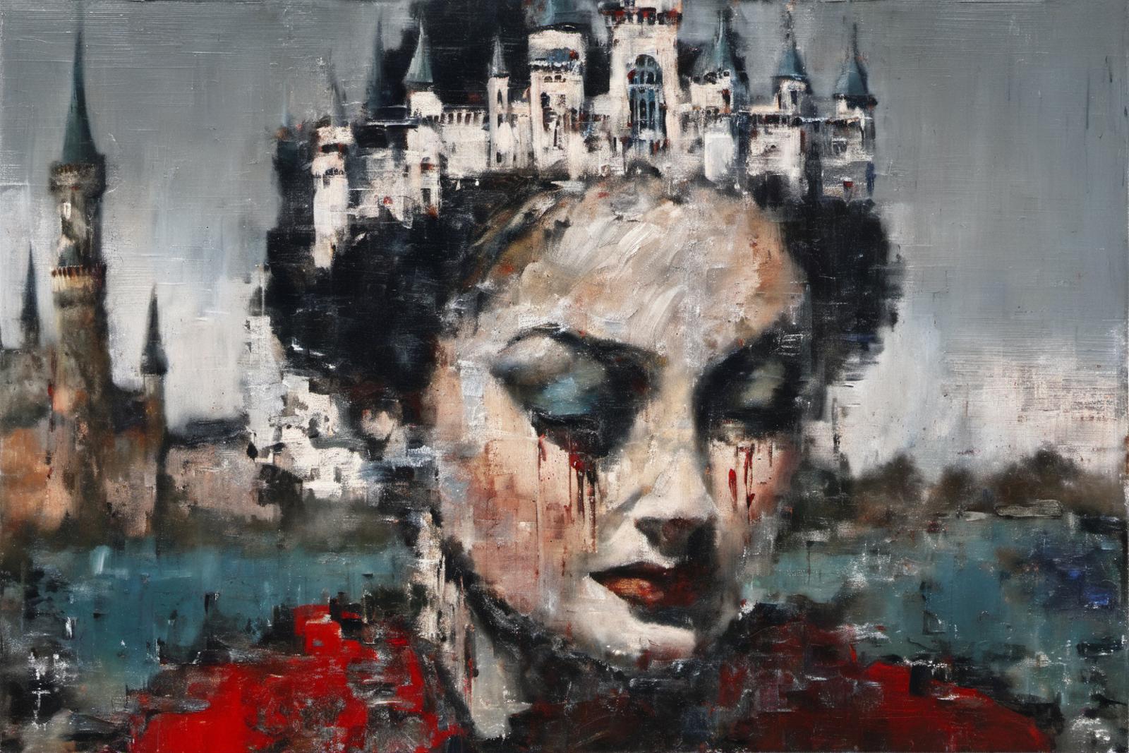 A painting of a woman with a castle on her head and blood on her forehead.