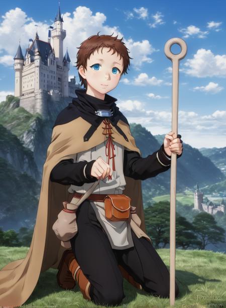 Ninya, brown hair, short messy brunette, teal eyes, adventurer's outfit, staff, cloak, boots, pouches, tomboy, anime