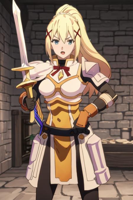 best quality, masterpiece, highres, solo, {lalatina_dustiness_ford_konosuba:1.15}, blonde_hair, long_hair, hair_ornament, x_hair_ornament, ponytail, blue_eyes, parody, open_mouth, 1girl, armor, holding, holding_sword, holding_weapon, sword, weapon, gloves