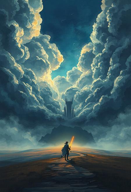 Vertical 9:16 anime-style composition in ultra-detailed 4K resolution. A vast, painterly sky stretches endlessly, filled with massive, textured clouds in complex folds, soft ridges, and jagged contours. Gaps reveal glowing baby-blue sky and warm sunlight streaming through. Below, a lone anime-style swordfighter stands at the bottom center of the scene, his silhouette small against the expansive landscape. He wears a tattered cloak and holds a glowing sword, its light contrasting with the dark surroundings. A winding path leads from his position through a desolate plain toward a towering, ominous castle in the distance. The castle's spires pierce the sky, shrouded in swirling dark clouds and occasional flashes of lightning. The atmosphere is tense and foreboding, with a color palette of deep blues, grays, and muted earth tones. The scene is rendered with hyper-realistic watercolor textures, delicate cel shading, and fine edge lighting, creating a cinematic and emotional mood.