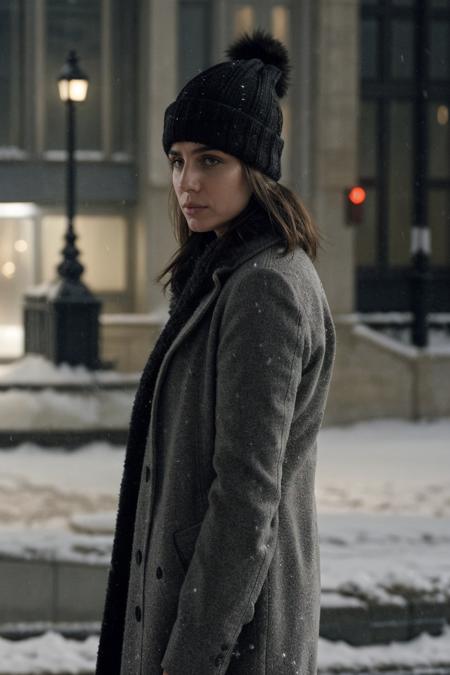 movie still, a lonely woman standing in the snowy London, snow, wearing beanie, grey cashmere long coat, lonely, snowy day, depressed expression, sharp focus, cinematic shot, (high detailed skin:1.1)
<lora:0more_details:0.5> <lora:ana_de_armas_joi_lora_v01:0.8> adajoi