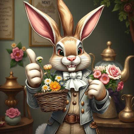 Create a highly detailed, realistic illustration of an anthropomorphic bunny character, inspired by the works of Margaret Brundage. The bunny should be holding a basket of flowers, wearing patent leather, and giving a thumbs up. Incorporate elements of benevolence and whimsy, with a touch of the gaudy and ornate. The character should be depicted in a large, tall format, with a white ascot and a potion belt. Ensure the image is in high definition (4K or 8K) and features micro details, lifelike details, and adherence to the golden ratio. The style should be reminiscent of Mr. Clean and Constantine, with a dash of elegance and sophistication. The output should be a high-quality image, trending on Pinterest, with a top lid and a teapot in the background.